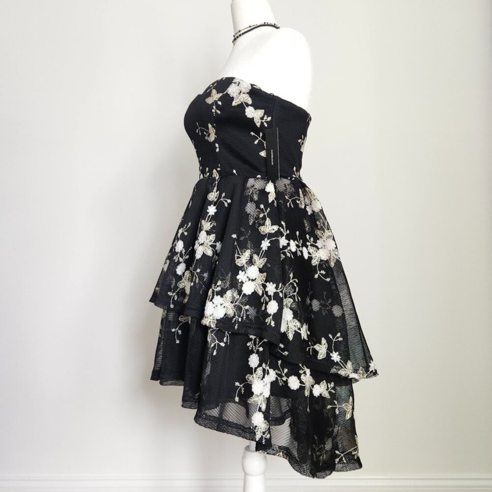 Lulus How Sweet Black Embroidered Strapless Mesh Tiered Mini Dress Small NWT - Picture 4 of 16